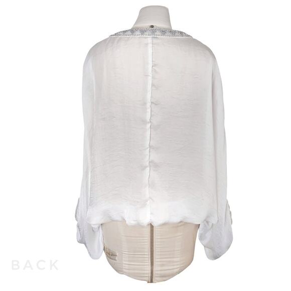 White Ponch Style Blouse by BLACK Boho Top w/ Silver Beads Goddess Festival Sz M - Picture 4 of 9